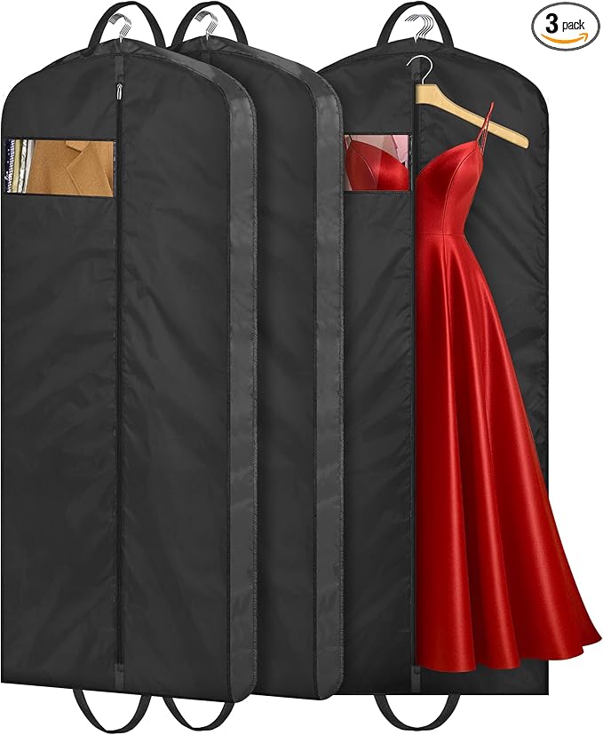 MISSLO 54" Garment Bags for Travel for Women Waterproof Dress Bags for Gowns Long Dress Cover for Gowns, Coats, Suits, Black, 3 Packs