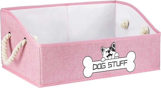 Collapsible Fabric Dog Toy Box and Storage Bin With Handle - Trapezoid Basket Chest Organizer for Pet Toys, Blankets and Accessories, Pink
