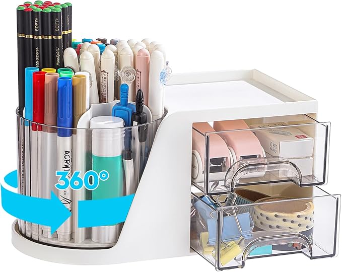 360° Rotating Desk Organizer - 6 Slots Pen and Pencil Holder with 2 Drawers, Art Supply Storage Box Caddy for Office, Home, School (White with 2 Drawer)