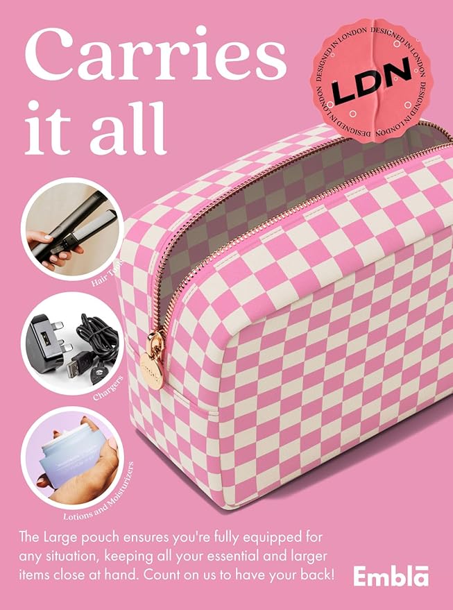 Embla Makeup Bag Travel Cosmetics Pouch and Toiletry Bag, Nylon Zipper Pouch Purse, Cute Make Up Organizer Storage Tote for Women Girls,Travel Skincare Case, Large Makeup Case, Flamingo Checkered