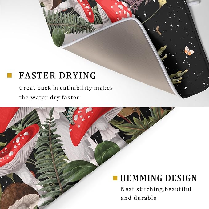 Red Mushroom Dish Drying Mat for Kitchen Counter Plant Leaves Drainer Mats Rack Holder Countertop Absorbent Microfiber Coffee Pads 18x24 Inch