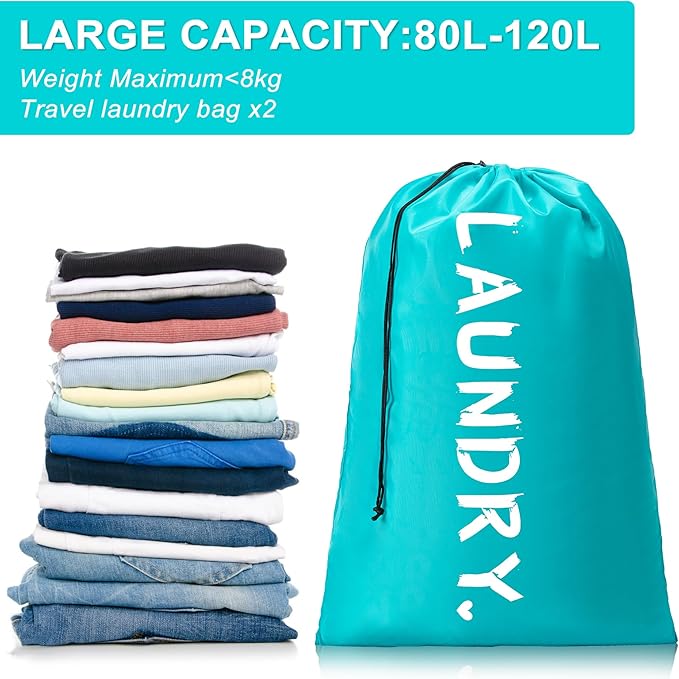 2 Pack XL Travel Laundry Bag, Machine Washable Dirty Clothes Organizer with Drawstring, Large Enough to Hold 4 Loads of Laundry, Easy Fit a Laundry Hamper or Basket Travel Essentials 24" x 36"