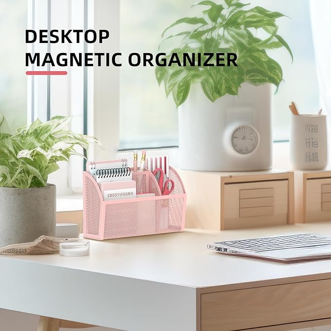 DALTACK Magnetic Pencil Holder Shelf for the Whiteboard, 3-Grid Mesh Pen Refrigerator Organizer, Locker Accessories for Home, School, and Office, Pink (3-GridPink)