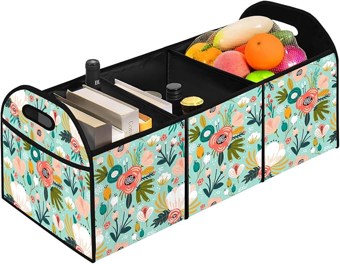 FREZORA Flower Car Trunk Organizer Storage Box Collapsible Non-Slip Automotive Organizer Vehicle Organization