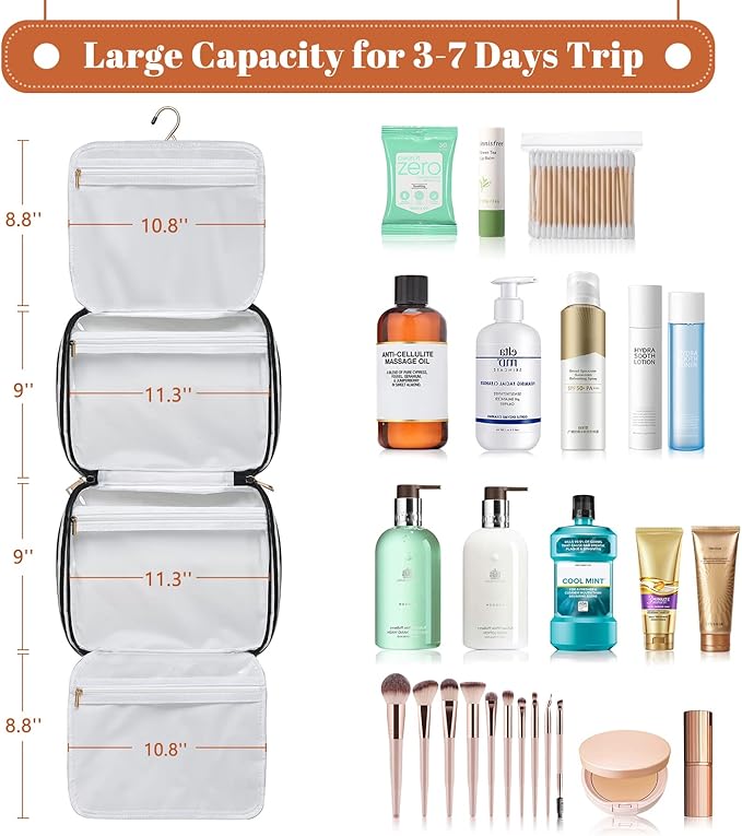 Bosidu Hanging Travel Toiletry Bag, Large Capacity Cosmetic Travel Toiletry Organizer for Women with 4 Compartments & 1 Sturdy Hook, Perfect for Travel/Daily Use/Christmas