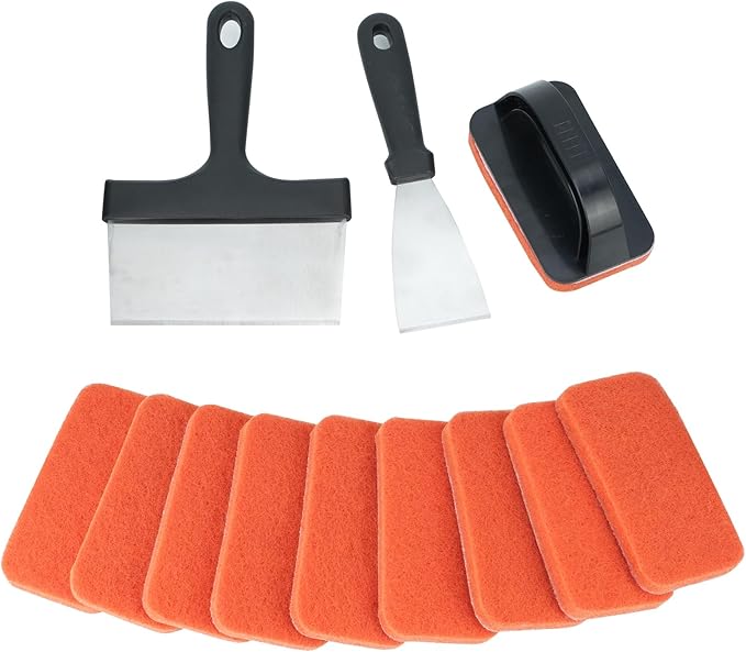 Tilldawn Griddle Cleaning Kit for Blackstone 13 Piece- 2 Stainless Steel Cleaning Scrapers, 10 Scouring Pads and 1 Handle, Cleaning Accessories for Blackstone Grill, Flat Top Grill Cleaning Tools Kit