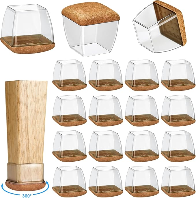 16 Pack Chair Leg Floor Protectors for Hardwood Floors, Round Rubber Furniture Sliders, 360°Felt Pad Bottom Wrapped Thickening Silicone Furniture Leg Caps Covers (Square, Clear-Brown-L)
