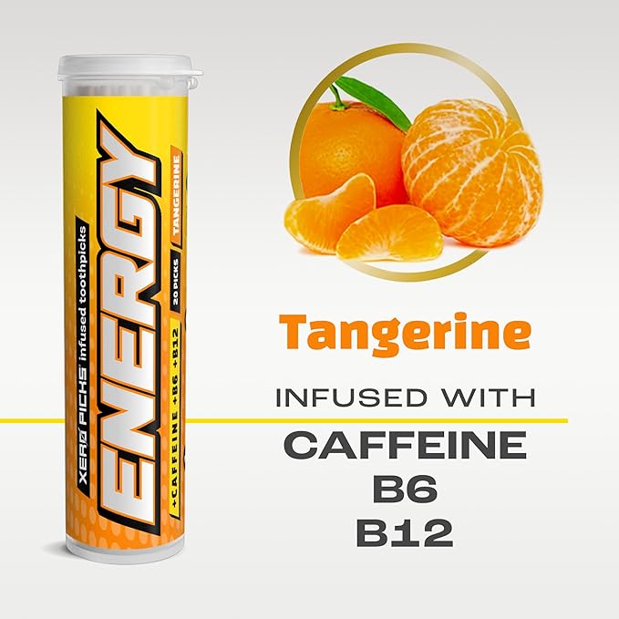 Xero Picks Energy Caffeine Flavored Toothpicks B12 for Focus & B6, 60 Picks (Pack of 3) (Tangerine) Sugar-Free Alternative to Energy Mints & Gum - Kosher