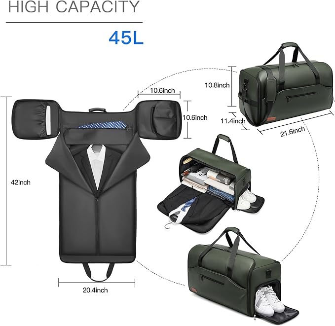 Garment Bags for Travel, 45L Carry-on Convertible Garment Duffle Bag for Men Women - 3-in-1 Hanging Suit Travel Bag with Shoulder Strap
