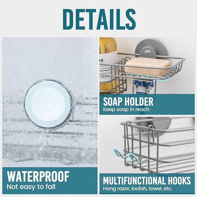 TAILI Shower Caddy Suction Cup with Hooks & Soap Holder, Heavy Duty Bathroom Shower Organizer, No Drilling Shower Shelves for Inside Bathroom, Metal Storage Holder-Grey