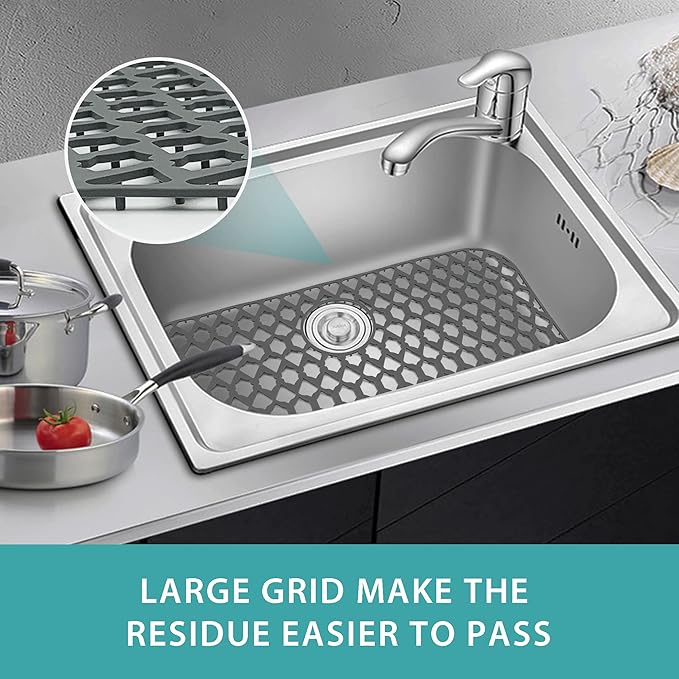 Sink Protectors for Kitchen Sink, Kitchen Sink Accessory - Silicone Mats Grid for Stainless Steel Strainer Bottom of Farmhouse Porcelain sinks (28”x14.4”, Rear Drain)