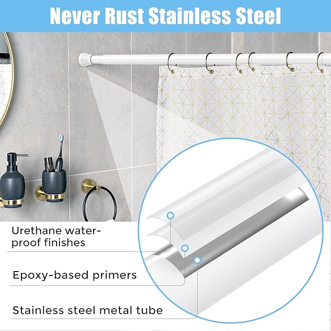 AIZESI Tension Curtain Rod Adjustable Spring Tension Rods for Windows 28 to 48 Inch, No Drilling, 7/8" Diameter, White Curtain Rod, Small Shower Curtain Rod for Bathroom, Doorway, Closet, Kitchen