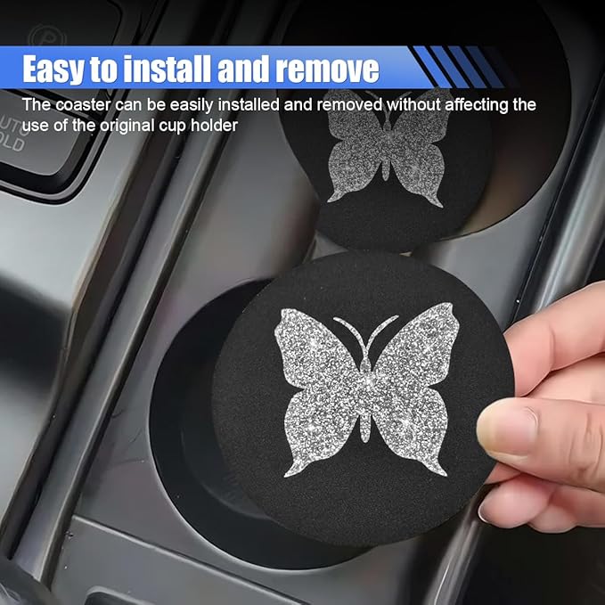 2PCS Bling Butterfly Car Coasters, 2.75'' Anti Slip Insert Cup Holder Coaster, Rhinestone Vehicle Cup Holder Decoration Pad, Universal Auto Interior Drink Water Bottle Mat Accessory (Sliver)