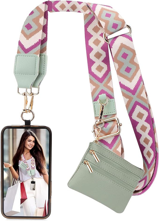 XANGNIER Clip and Go Strap for Phone with Wallet Crossbody, Phone Strap with Zippered Wallet, Adjustable Anti-Theft Cellphone Lanyard for Women, Cellphone Chain Accessories Green