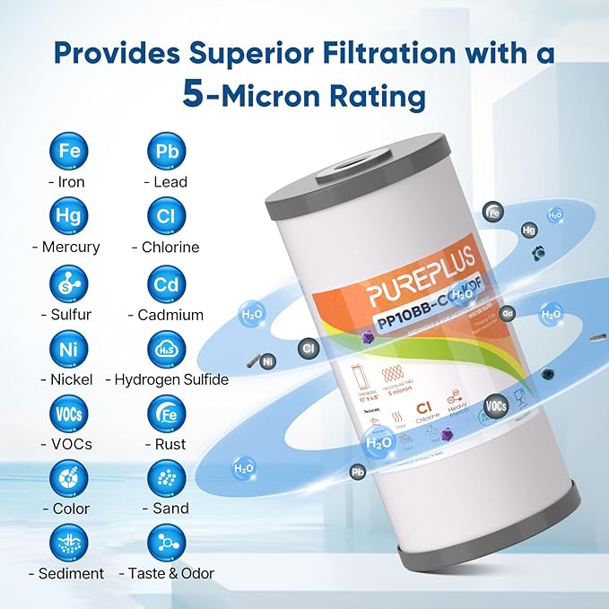 PUREPLUS 5 Micron 10" x 4.5" Whole House PP Sediment Carbon KDF Composite Heavy Metal Reduction Filter Cartridge for GE FXHTC,GXWH40L,GXWH35F,GNWH38S,Culligan RFC-BBSA,WRC25HD,Pentek RFC-BB,2Pack