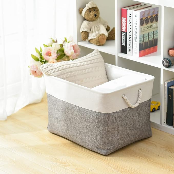 TheWarmHome Storage Bins Baskets for Organizing, 20.5L×15.7W×13.8H 3 Pack Sturdy Fabric Storage Basket W/Handles, Decorative Foldable Storage Baskets for Shelves Closet Nursery Toy (White & Grey)