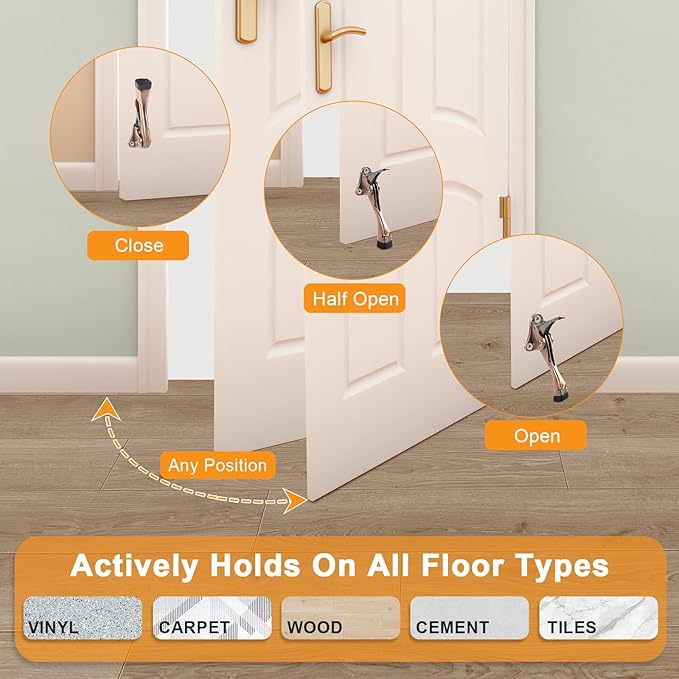 Kickdown Door Stopper 4 Inches - 2 Packs One Touch Adjustable Height Door Stop for The Bottom of Door Aluminum Alloy Metal Door Stopper with Rubber Tip & Wall Protectors for Wide Doors Copper