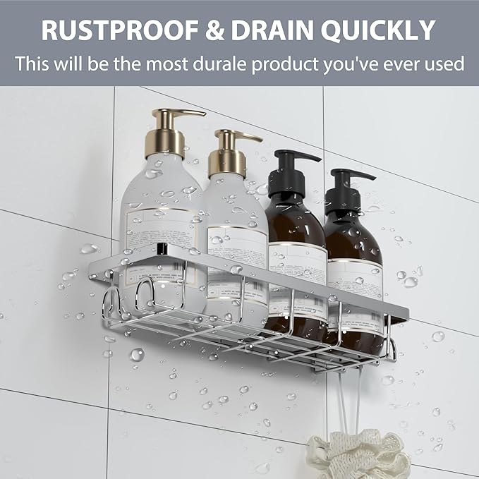 Shower Caddy Organizer with Hooks, Self Adhesive Bathroom Shelves, No Drilling Bathroom Organizers and Storage, Perfect for RV, Apartment, Home Decor, 2 Pack Silvery
