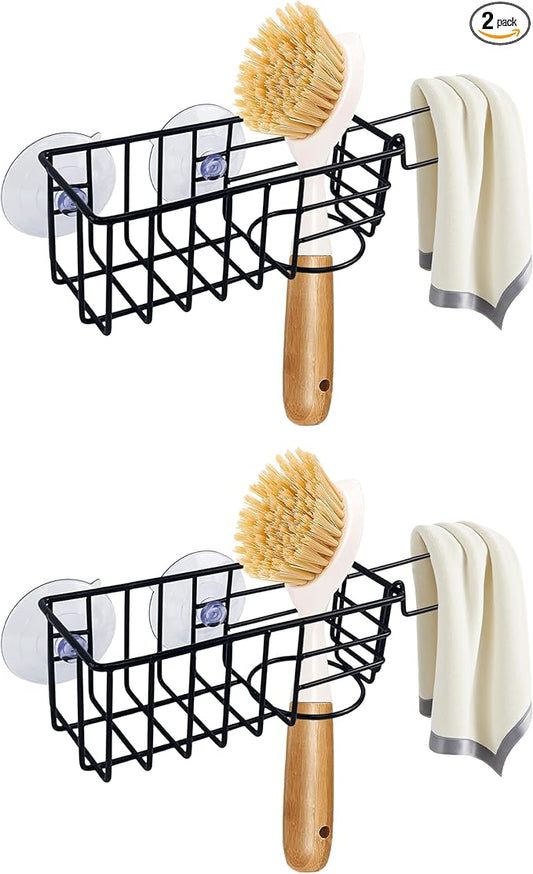 Sponge Holder with Dish Cloth Hanger for Kitchen Sink, In-sink Caddy Organizer with Suction Cups & Adhesive Strips, Rustproof Sponge Rack for Soap, Brush, Scrubber - Black（2 Pack）