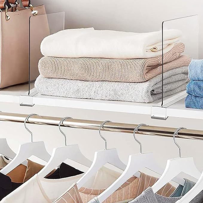 12 Pack Clear Acrylic Shelf Dividers for Closet Shelf Organizer in Bedroom, Kitchen, Office, and Bathroom for Clothes, Books, Hats, and Handbags