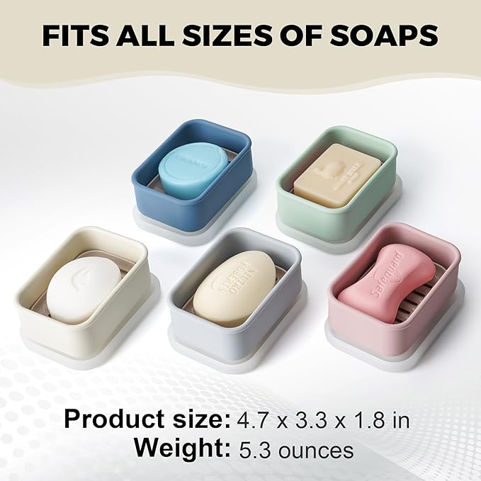 Compact Leakproof Travel Soap Case with Lid & Silicone Strap - Portable Draining Soap Bar Holder for Gym, Bathroom, Camping - Lightweight Silicone Soap Dish Container (Off-White)