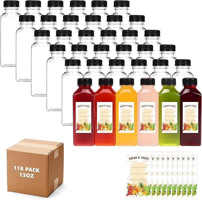 BAKHUK 118pcs 12oz Empty Plastic Juice Bottles with Caps, Plastic Containers Bottles with Lids, Reusable Clear Bulk Beverage Containers for Juice, Milk, and Other Beverages
