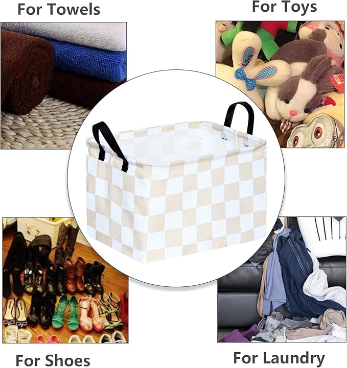 Beige Check Storage Basket Baby Toys Organizer Bins Decorative Gifts Bakset Waterproof Nursery Hamper Women Storage Cube Kids Laundry Basket for Home/Dorm/Kitchen/Pet/Office/Closet/Shelf/