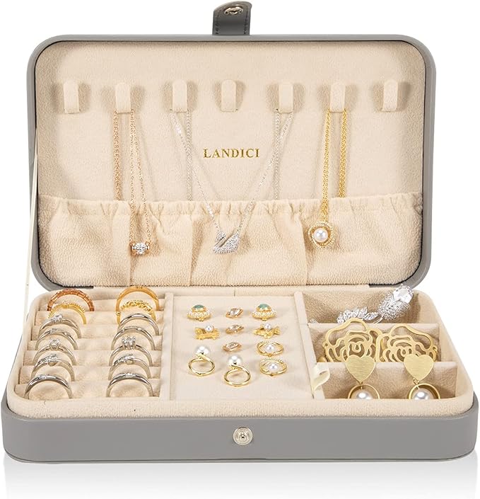 LANDICI Small Jewelry Box for Women Girls, PU Leather Travel Jewelry Case, Portable Jewelry Organizer Storage Holder Display for Ring Earrings Necklace Bracelet Bangle Men Kids Gift, Grey