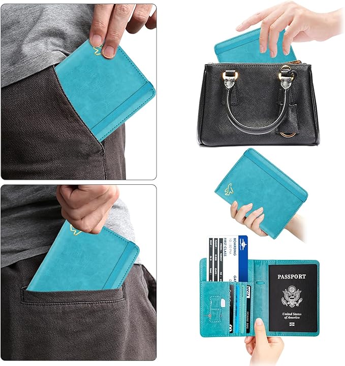 WALNEW Passport Holder for Travel, RFID Passport Cover Wallet for Women Men, PU Leather Passport Book Card Holder Case with Pen (Elastic Band Closure, C-Blue)
