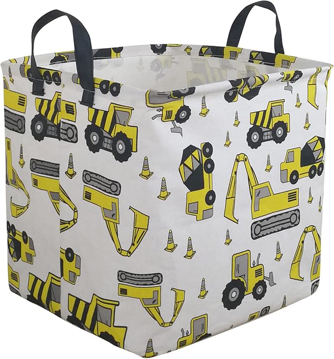 KUNRO Square Storage Basket Gift Shelf Basket Storage Bin, Nursery Basket Organizer Box for With Handles for Room Deco (Excavator)