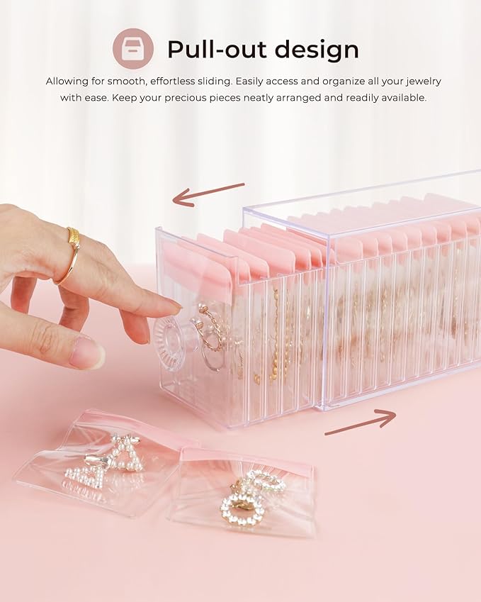 Clear Acrylic Jewelry Organizer Box with 20 Portable Pouches, Jewelry Storage Case for Women Girls, Tangle-Free, Anti-Tarnish, Compact Storage for Necklaces/Earrings/Rings, Upgraded Pink