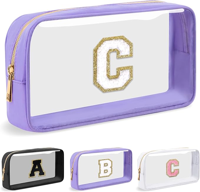 Personalized Initial Letter Clear Makeup Bag, Preppy Small Nylon & PVC Cosmetic Zipper Bag with Chenille Letter, Travel Skincare Toiletry Bag, Monogram Christmas Gift for Teen Girls Women, C