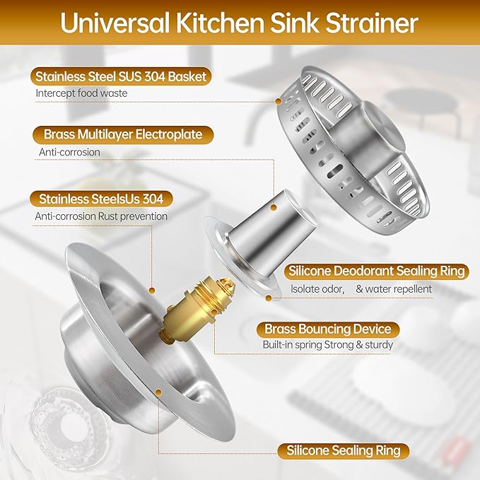 YYKBZ 3 in 1 Kitchen Sink Drain Strainer,Stainless Steel Sink Stopper,Pop Up Sink Plug Fast Drain Deodorizer Anti-Clog, Strainer for Kitchen Standard 3-1/2" Easy to Install（2pcs）