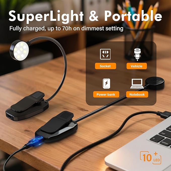 2 Pack 10 LED Rechargeable Book Light for Reading in Bed - Eye Caring 3 Color Temperatures, 3 Adjustable Brightness, Long Runtime Small Lightweight Clip On Book Reading Light for Studying