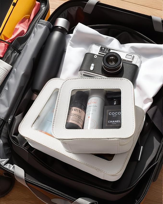 Small Clear Makeup Bag Travel Cosmetic Case Transparent Toiletry Bag with Zipper, Portable Make Up Bag Organizer Traveling Car Accessories for Women(White, Mini)