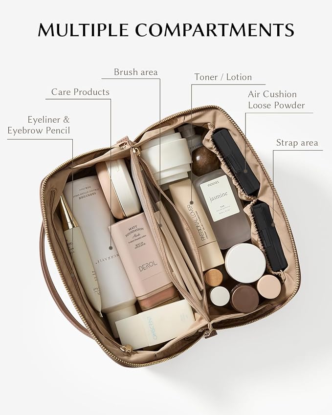 EACHY Travel Makeup Bag, Large Capacity Cosmetic Bag for Women, Waterproof PU Leather, Flat Open Portable Toiletry Bag for Skincare, Brushes & Travel Essentials