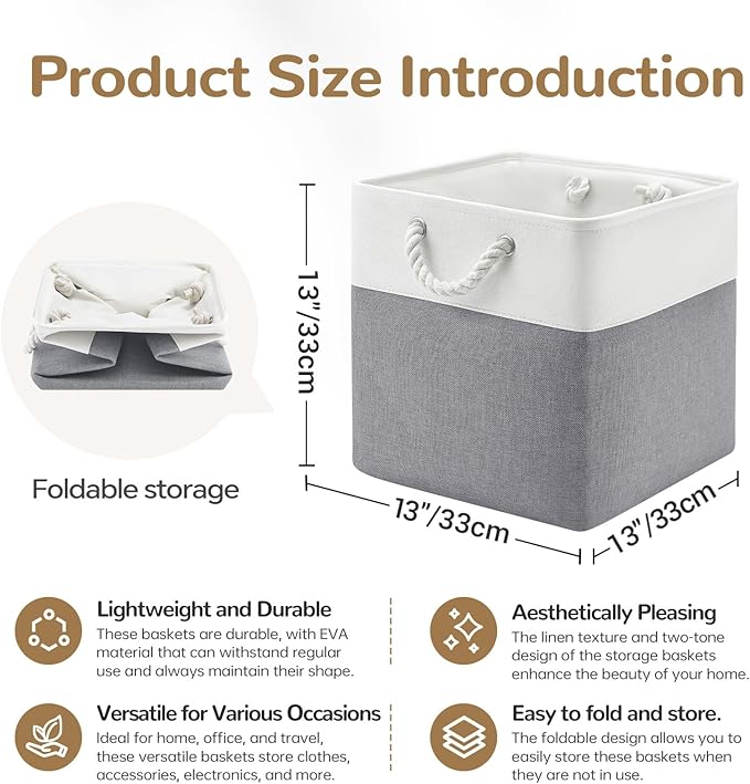 VQRTEXA 13 x 13 Inch Cube Storage Bins, 6 Pack Fabric Storage Basket with Handles, Foldable Boxes Organizer for Shelf Baskets for Home, Clothes (White/Grey)