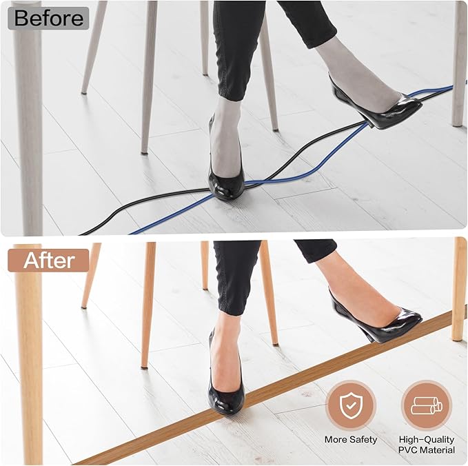 Floor Cord Cover Self Adhesive Cord Hider Floor Extension Cord Covers for Floor Power Cord Protector Cable Management Prevent Cable Trips Cable Cavity 0.59" W x 0.31" H (Light Brown Wood, 3.3Ft)