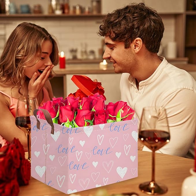 Rectangular Pink Valentine's Day Gift Basket,nursery basket,Pink girls gift baskets,kids toy storage Bin, Love Heart Room Decor for Home,Shelf Baskets(Blue pink heart)