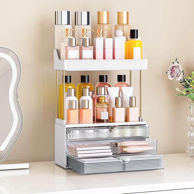2 Pack Bathroom Counter Organizer - 3 Drawers Makeup Organizer, Cosmetic Storage Drawer for Dresser Countertop and Bathroom Vanity for Large Skincare, Perfume, Clear