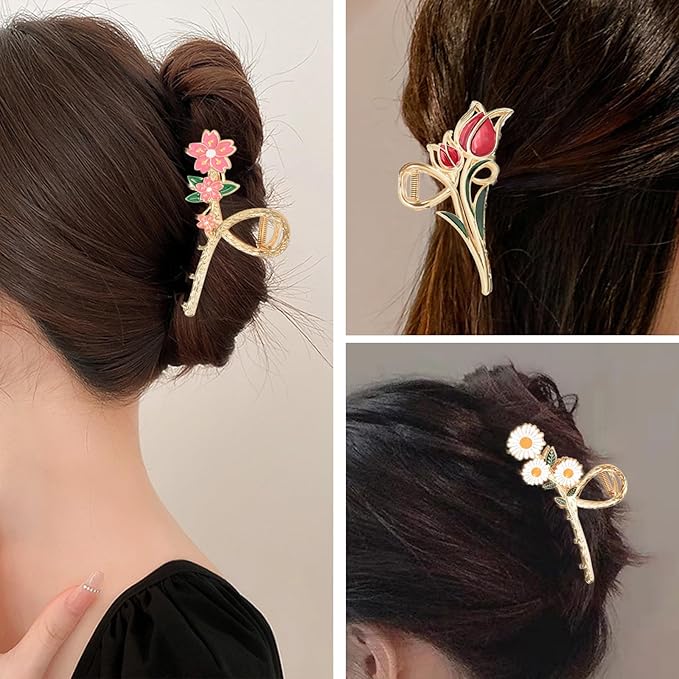 3-Piece Floral Metal Hair Clips: Orchid, Tulip, Daisy Barrettes for Thin/Medium Thick Hair - Elegant Strong Hold Non-Slip Catch Clip Accessories