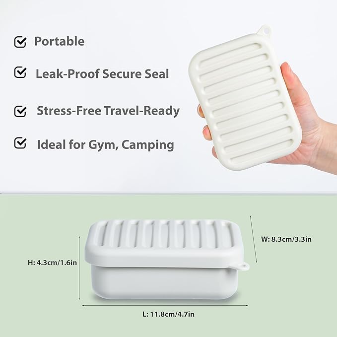 Portable Leakproof Travel Soap Case, Silicone Travel Soap Case, Compact Soap Holder with Drainage Layer, Travel Soap Holder for Camping, Gym, Outdoor (Rice White)