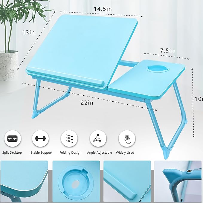 Laptop Desk for Bed Couch, Lap Desk for Laptop, Portable Laptop Stand for Desk, Small Adjustable Laptop Desk, Foldable Bed Table for Laptops and Writing, Bed Tray Table with Cup Holder (Blue)