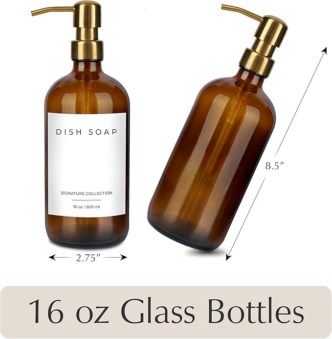 Emerson Essentials Glass Soap Bottle Dispensers, 2 Pack, Stainless-Steel Pumps Rust-Free, Hand Set for Bathroom Kitchen Sink, Liquid Lotion Shampoo Jars with 4 Waterproof Labels, 16 Oz Amber/Gold