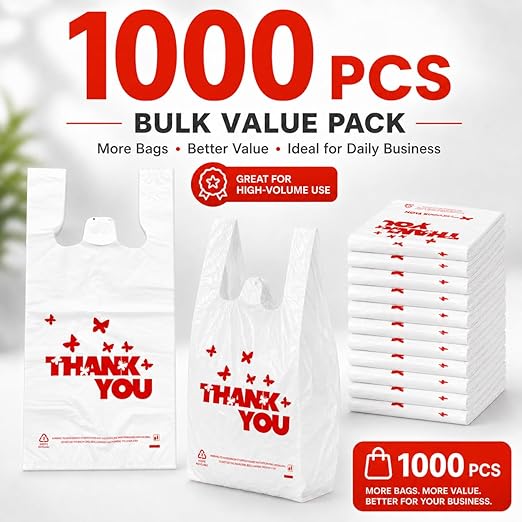 YoYoRain 1000 Pack White Thank You T-Shirt Bags with Handles, 11"x6"x21" Durable HDPE Plastic Carry-Out Shopping Bags for Grocery, Retail, Takeout & Small Business
