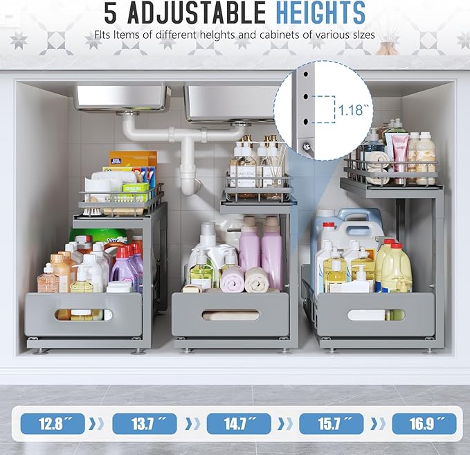 1 Pack 18 IN Depth Under Sink Organizer with Smooth Ball Bearing Slides, 2-Tier Pull Out Cabinet Storage, Slide Out Drawers for Bathroom&Kitchen, Rust-resistant Coating, Height Adjustable - Gun Gray