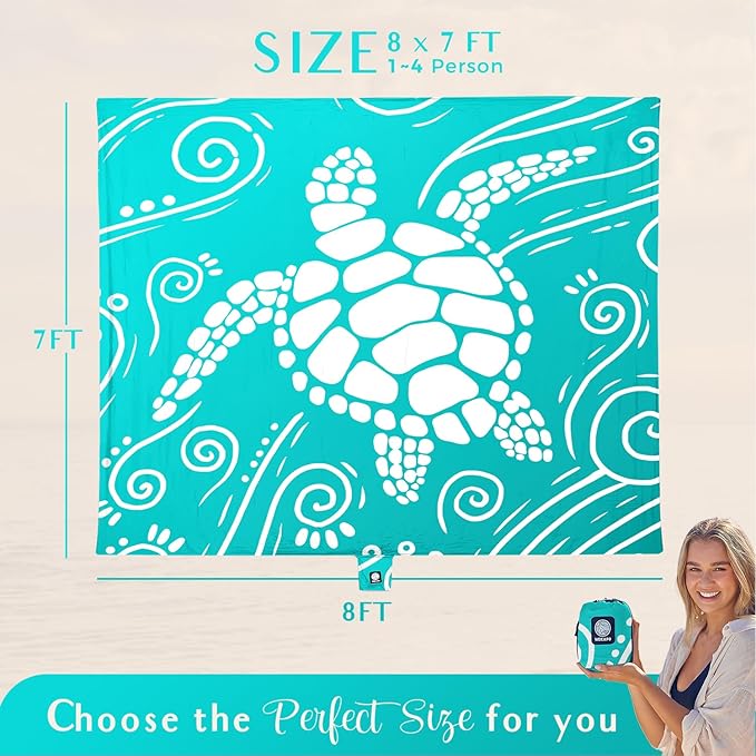 WEKAPO Beach Blanket Waterproof Sandproof Oversized Extra Large Sand Free Beach Mat with Stakes, Storage Bag - Essentials for Outdoor Beach, Picnic (Gradient Teal Sea Turtle, 8 X 7 FT (1~4 Person))