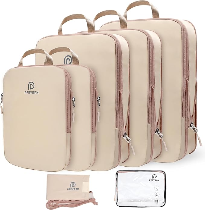 PFEYRPK Lightweight Compression Packing Cubes for Suitcases, Compressible Expandable Travel Packing Organizer with Clear Toiletry Bag and Backpack Bag, Travel Essentials for Carry-on Luggage, 7-Piece Set