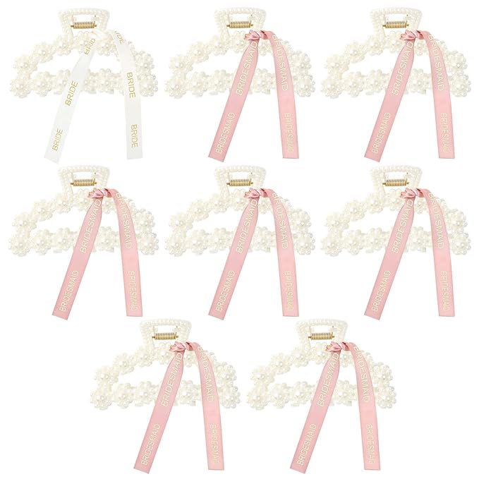 DEEKA Bridesmaid Proposal Gifts 8 Pack Pearl Bridesmaid Hair Claw Clips with Ribbon 3 Inch Hair Clips Bachelorette Party Favors Bridal Party Present Hair Accessories (Half Circle White&Rose Gold)