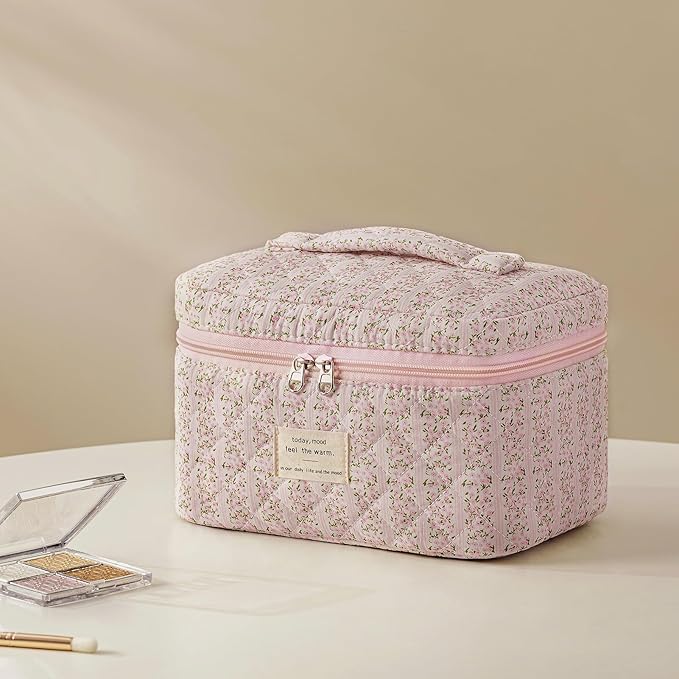HBselect Quilted Makeup Bag, 3PCS Cotton Large Travel Makeup Bag, Cute Floral Coquette Make up Bag Cosmetic Bag Toiletry Bag for Women Girls